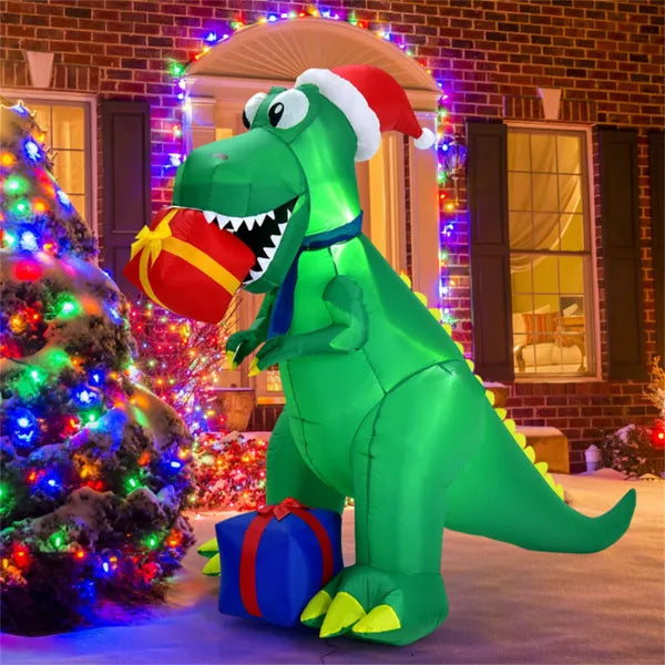 Oppblåsbar T-rex med nisselue og gaver