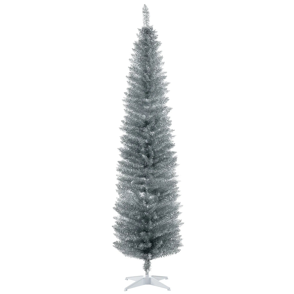 Høyt og smalt sølvfarget juletre