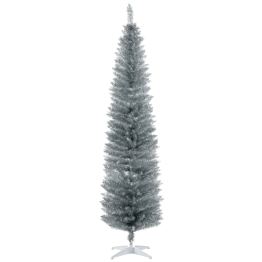 Høyt og smalt sølvfarget juletre