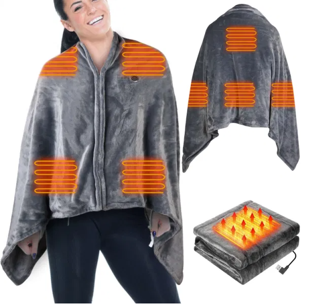 Oppvarmet USB-poncho med glidelås, 150 × 80 cm, grå