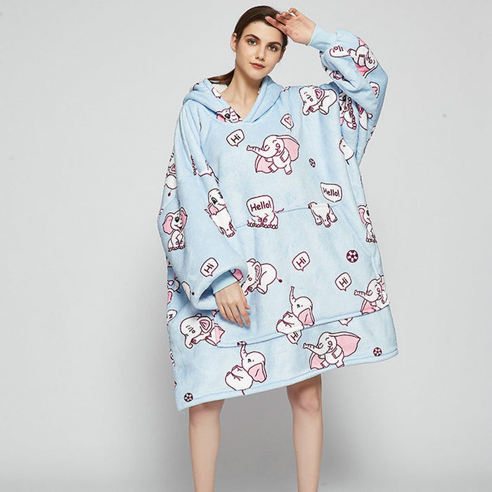 Varmeriket Oversized hettegenser-teppe i dobbel flanell med søte mønstre