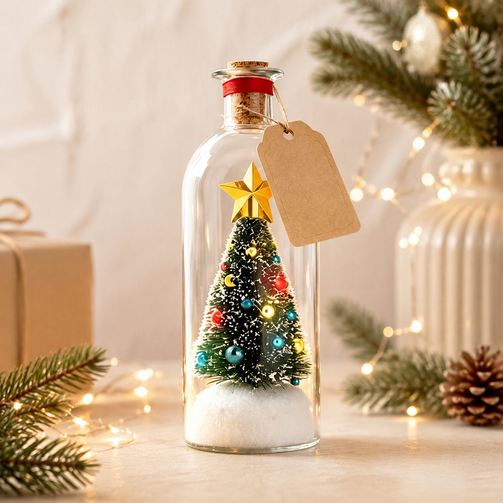 Juletre i flaske med lys og gavelapp