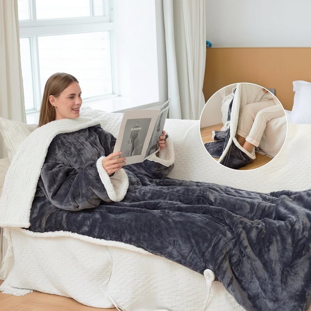 Varmeriket™ Oppvarmet teppe med ermer og fotlomme i sherpafleece