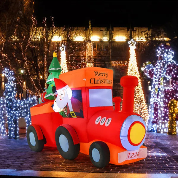 Oppblåsbart juletog med nisse og reinsdyr