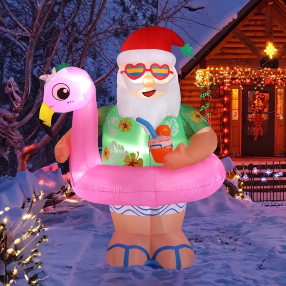 Oppblåsbar nisse i hawaiiskjorte på flamingo