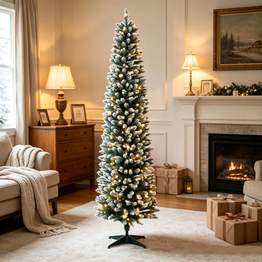 Smalt frostet juletre med fargelys