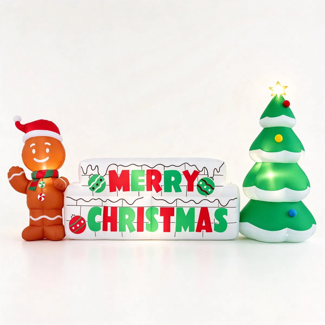Oppblåsbart Merry Christmas-skilt med pepperkakemann