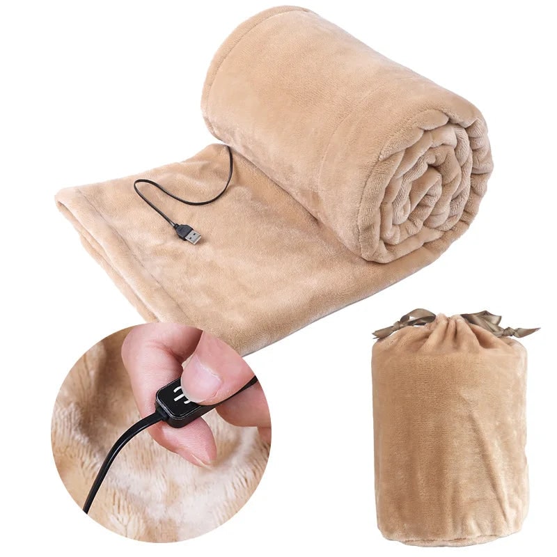 Varmeriket™ USB-oppvarmet plysjpledd med oppbevaringspose